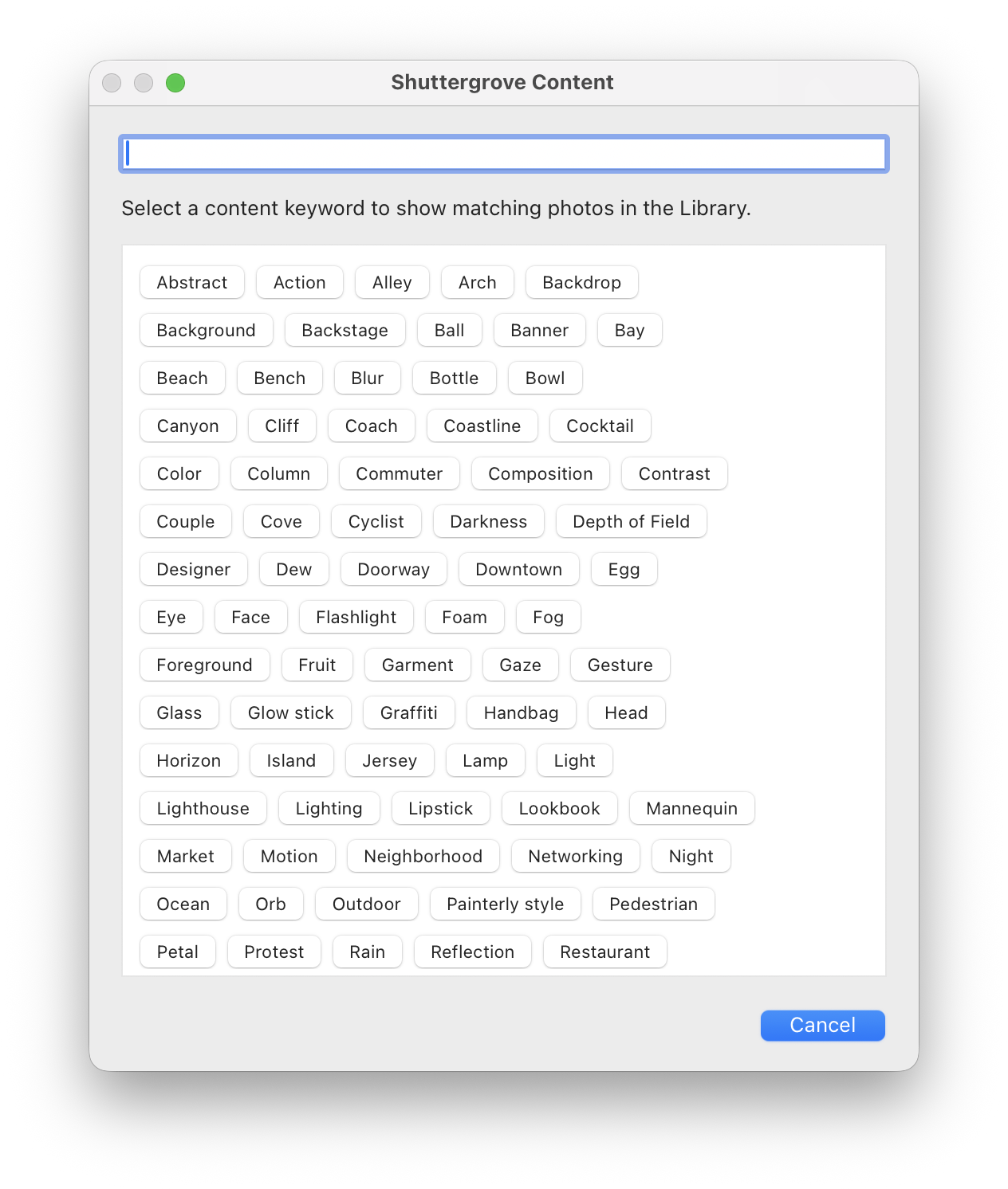 Shuttergrove Content keyword search dialog
